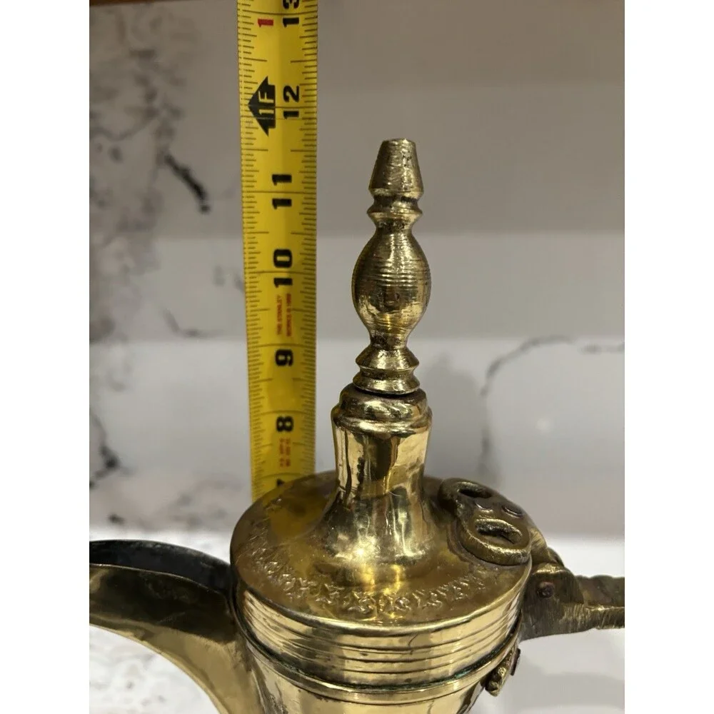 VINTAGE INDIAN BRASS TURKISH DALLAH ARABIC COFFEE EWER. HAND ENGRAVED. 12” TALL